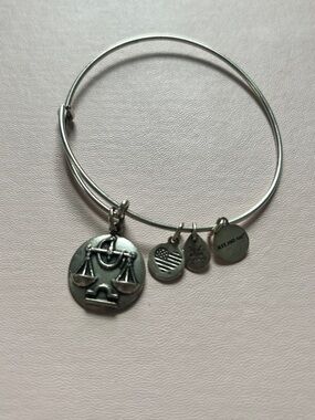 Alex and Ani Silver Libra Scales Charm Bangle Bracelet with Logo Discs